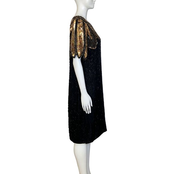 Vintage 80s 100% Silk Beaded Sequin Black Gold Cocktail Dress M/L Deco Flapper - Picture 6 of 15
